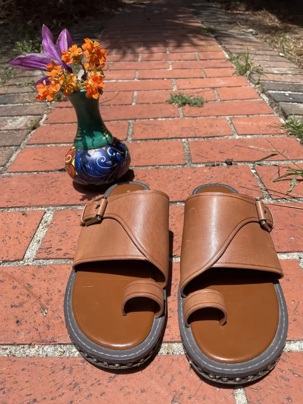 Vince Camuto Cooliann Toe Ring Leather Slide Sandals Tan Cognac Women's 8